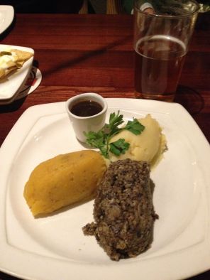 My first night dinner absolutely requires haggis (ground mutton, oatmeal, and spices) with neeps (turnips) and tatties (potatoes). Loved every organ-y bit of it.